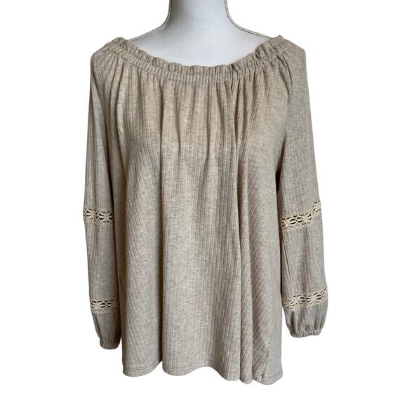 Lane Bryant Off Shoulder Top Women's Size 14/16 Tan Peasant Lace Accent Boho - Picture 1 of 11
